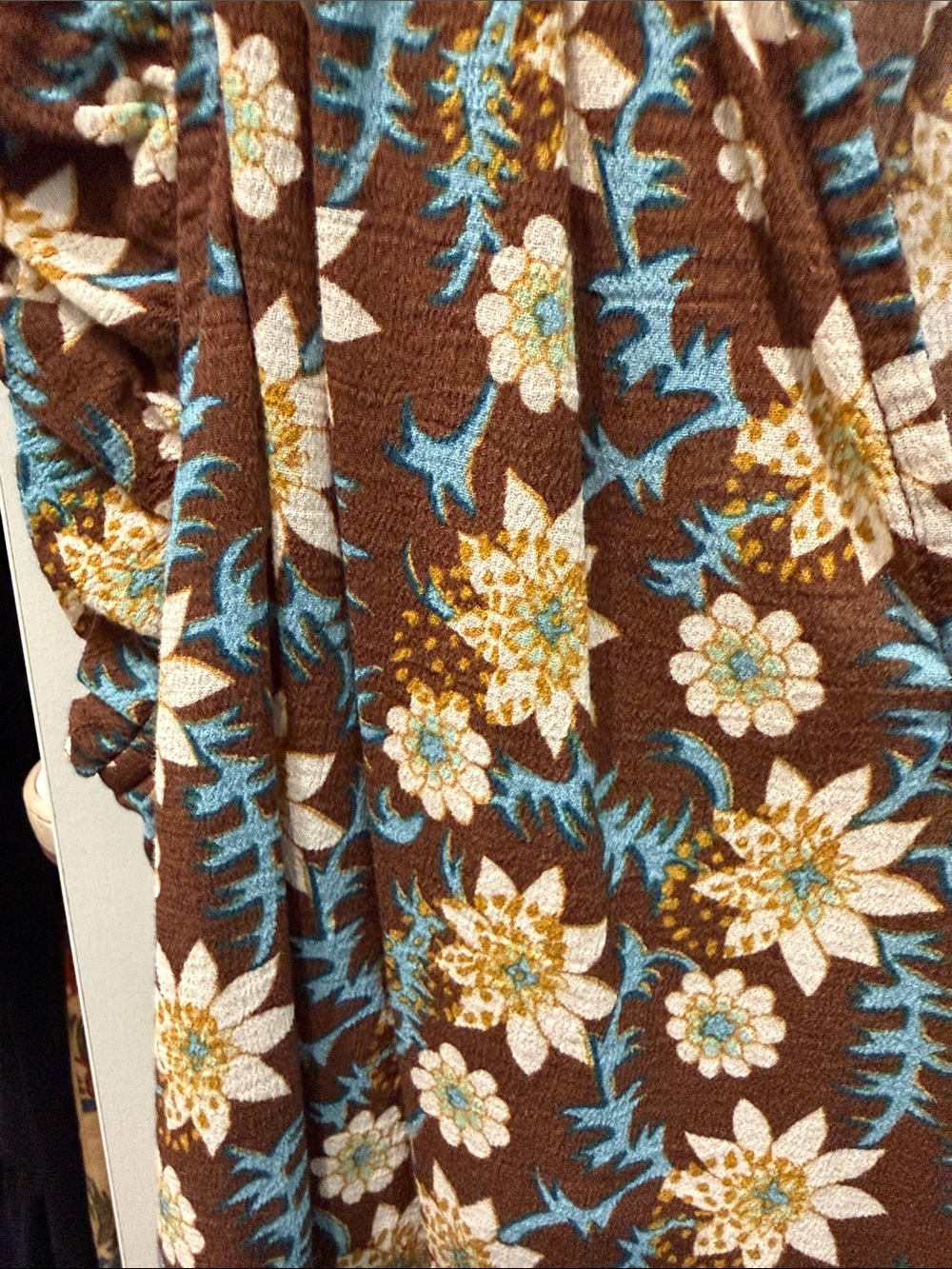 XiRENA Brown Floral V-Neck Ruffle Sleeve Blouse with Blue and Cream Flowers - Picture 3 of 6
